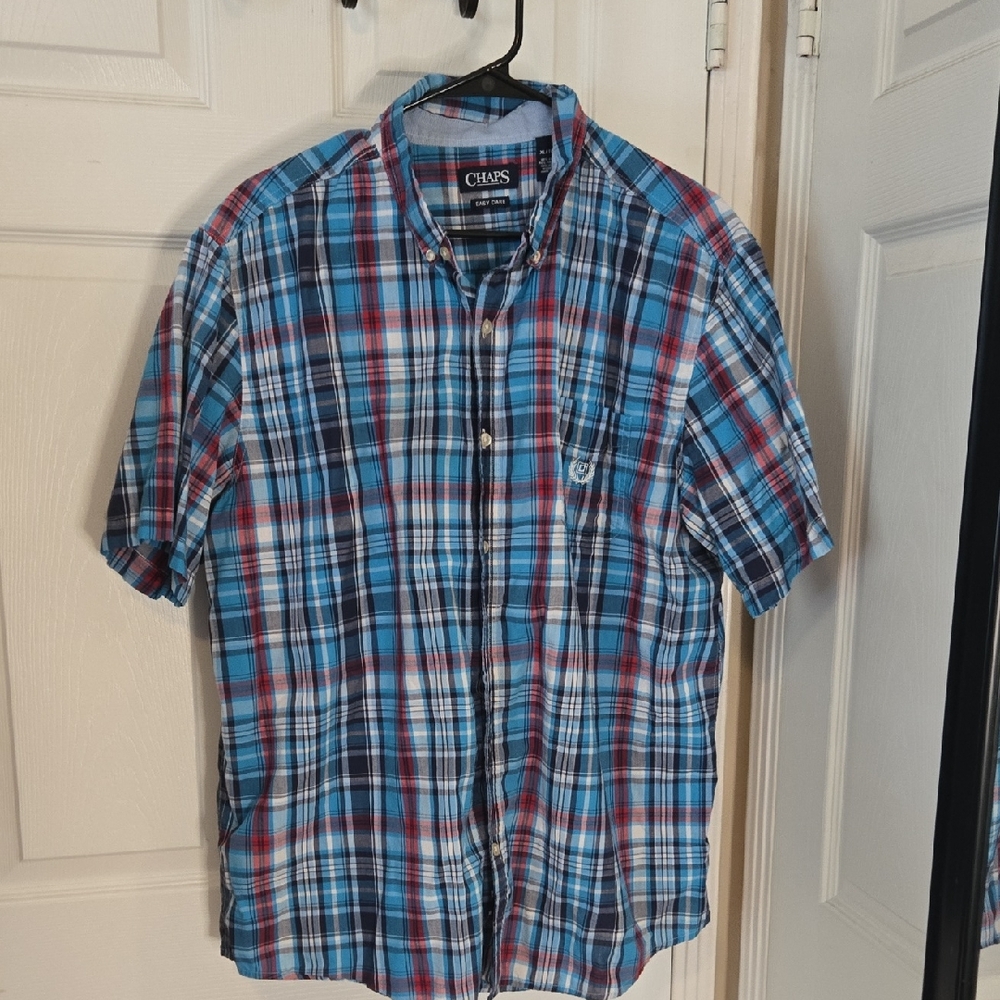 Chaps Blue Red White Plaid Short-Sleeve Button-Down Shirt